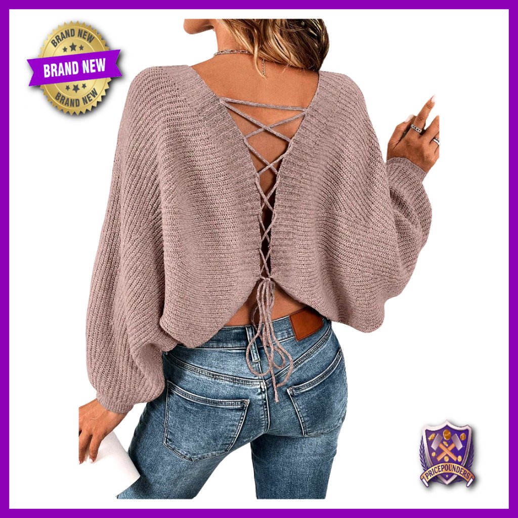 Off Shoulder Lace Up Open Back Sweater Long Sleeve Pullover Knit Top